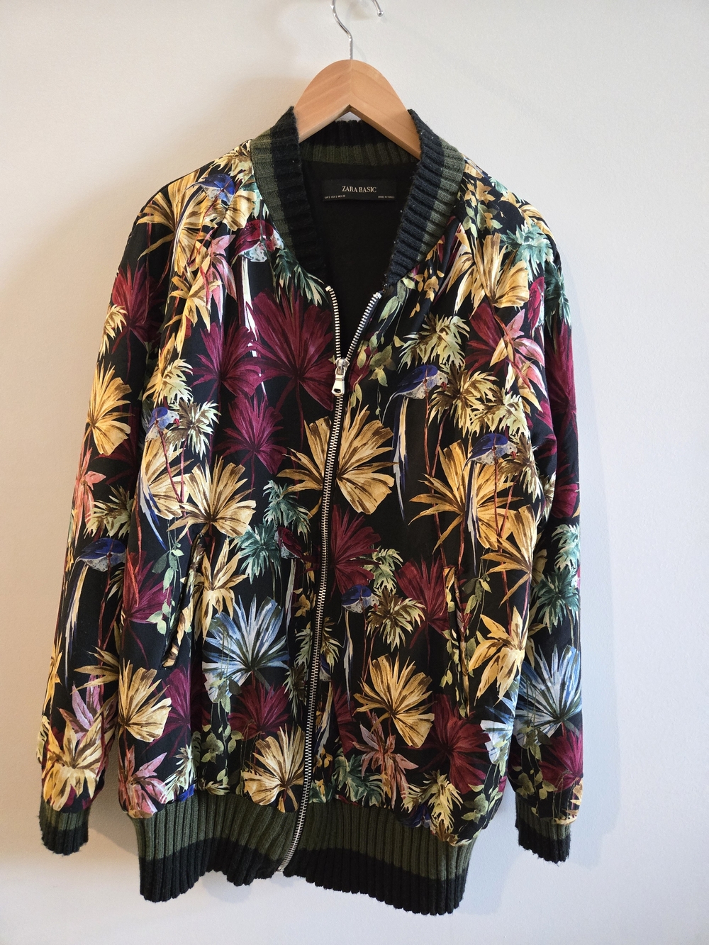 Zara Women's Black Oversized Bomber Jacket with Floral Print Size S